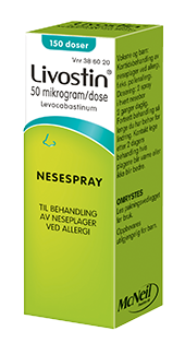 LIVOSTIN® nesespray mot neseplager ved allergi  Livostin nesespray brukes til korttidsbehandling av neseplager ved allergi, for eksempel pollenallergi.  Ettersom LIVOSTIN® virker raskt, kan du vente med behandlingen til plagene oppstår. Hvis du ikke får lindring av nesesprayen i løpet av et par dagers behandling, må lege kontaktes.  Doseringen er den samme for barn og voksne: vanlig dosering er 2 dusjer i hvert nesebor 2 ganger daglig.  Behandlingen skal vare så lenge du har behov for å lindre symptomene.